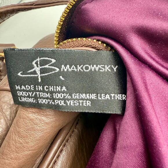 B. Makowsky Brown Glove Leather Satchel with Gold Hardware & Plum Lining - Picture 11 of 11